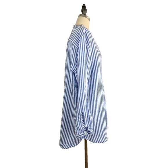 L.L. Bean Womens Size XL 100% Linen Blue Stripe Shirt Tunic Round Collar Preppy - Picture 2 of 8